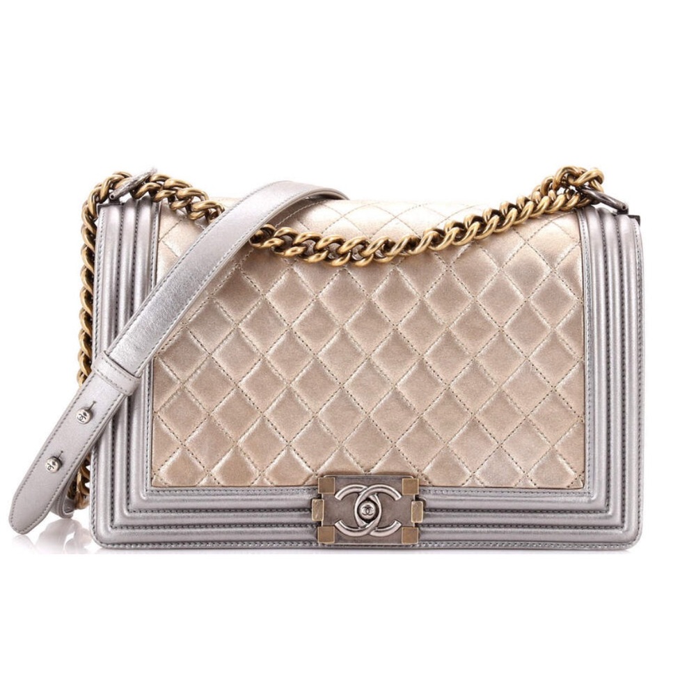 Chanel boy Quilted bicolor Metallic Gold Silver Shoulder medium crossbody bag